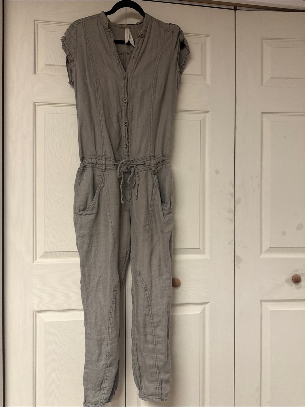 Summum Grey button down Linen Jumpsuit with Drawstring Waist